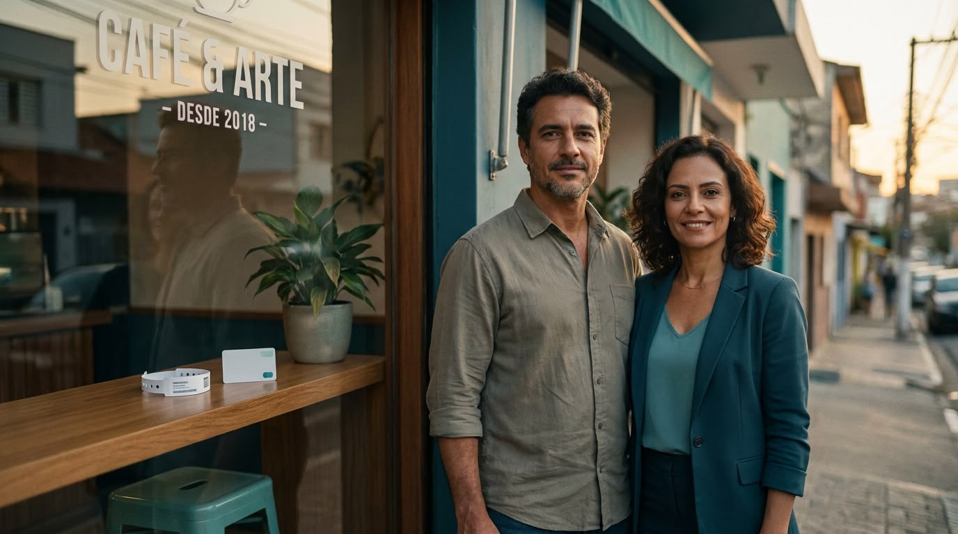 Duas pessoas representando duas vidas conectadas a um pequeno negócio e à proteção em saúde