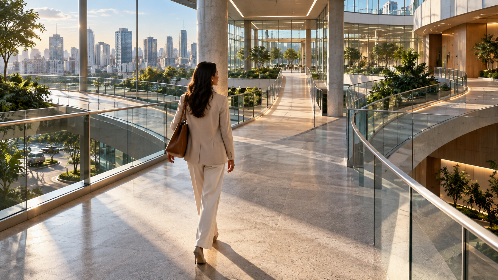Empresária avaliando diferentes opções antes de escolher um plano de saúde empresarial.